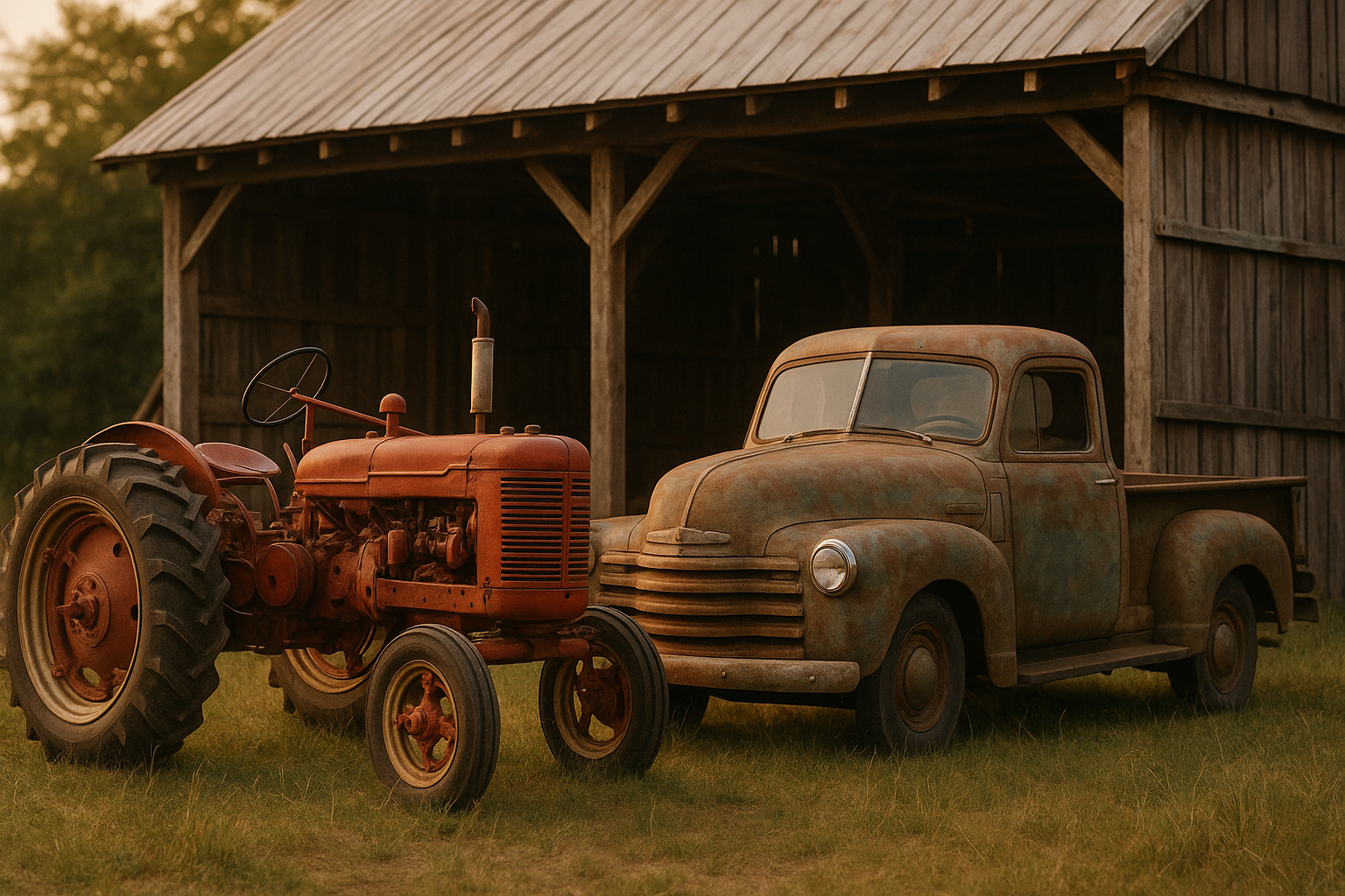 Old tractor and truck in front of post barn